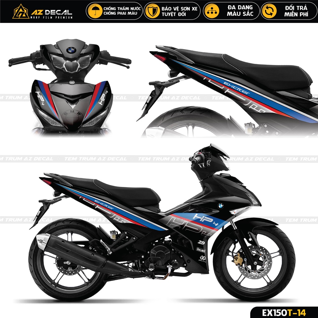 Tem Trùm Exciter 150 Mẫu HP4 Chìm Nổi | EX150T-14 | Decal Chế Dán Ex 150 Đẹp Màu Đen, Trắng, Xanh GP