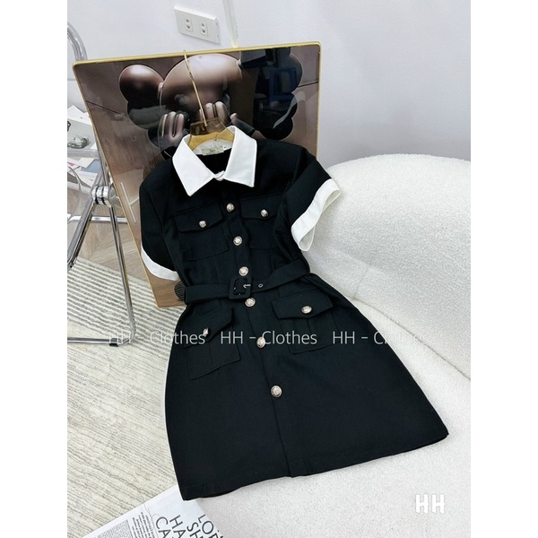 Váy kaki mix cổ trắng kèm đai