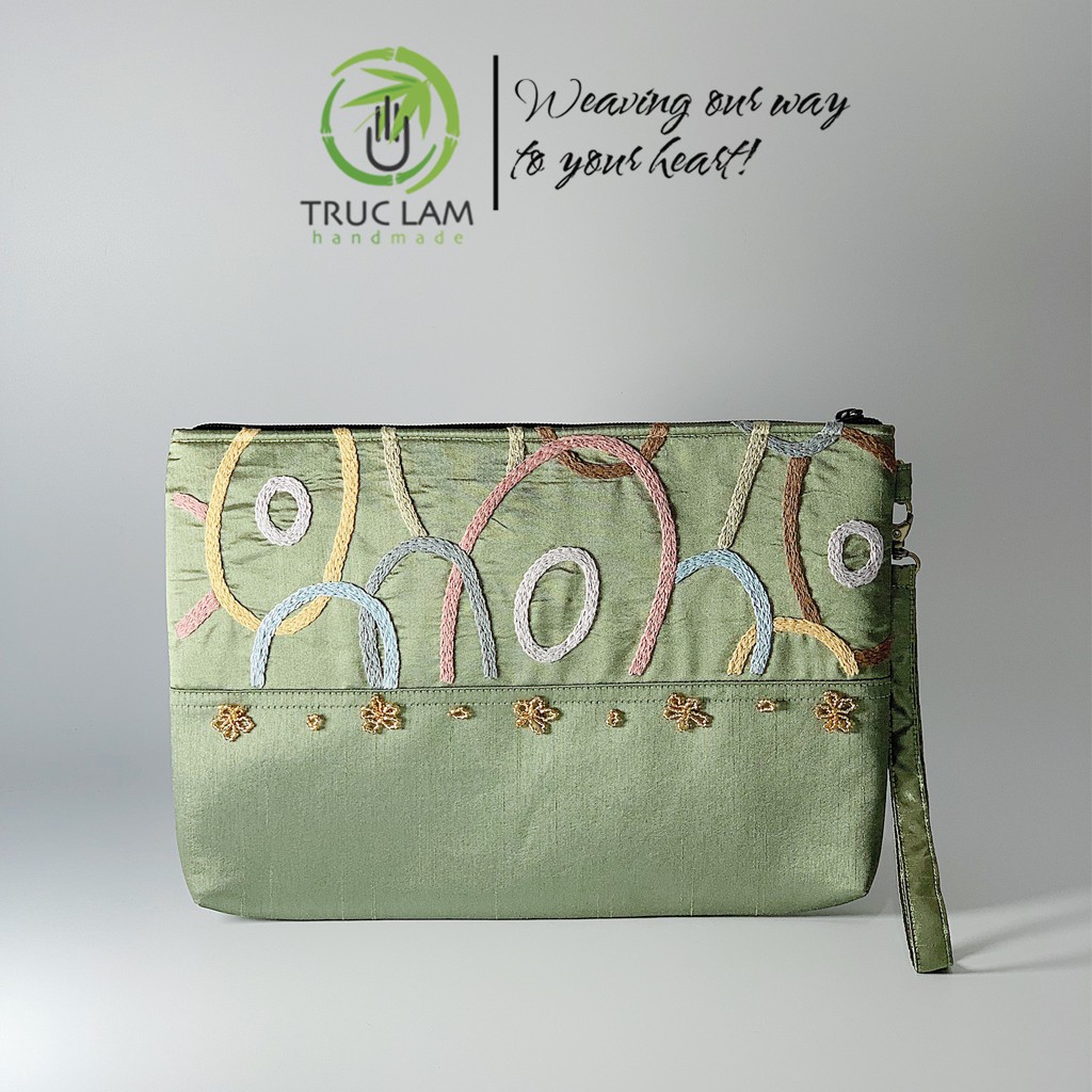 Ví Đựng Ipad Clutch Cầm Tay Thêu Móc Xích Đính Hạt Cườm Vải Tafta Cỡ To - Trúc Lâm Handmade