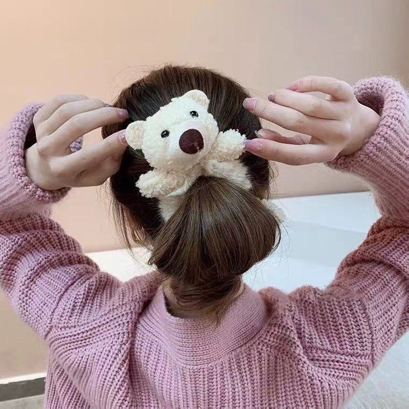Dây cột tóc phối lông hình con gấu dễ thương