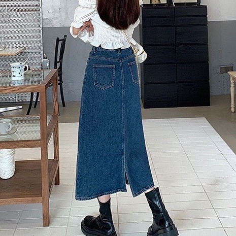 Chân váy jean kaki cạp cao dài qua gối, chân váy midi tua viền phong cách Ulzzang_a16