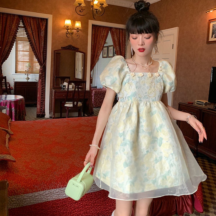 Đầm Công Chúa Tay Phồng Cổ Vuông In Họa Tiết Hoa Kiểu Pháp Xinh Xắn Cho Nữ