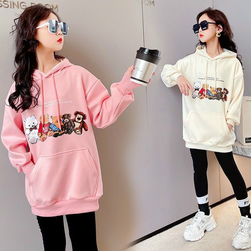 Áo hoodie nữ in gấu bông cube, mẫu áo khoác nỉ có mũ chống lạnh thời trang thu đông dành cho bé gái