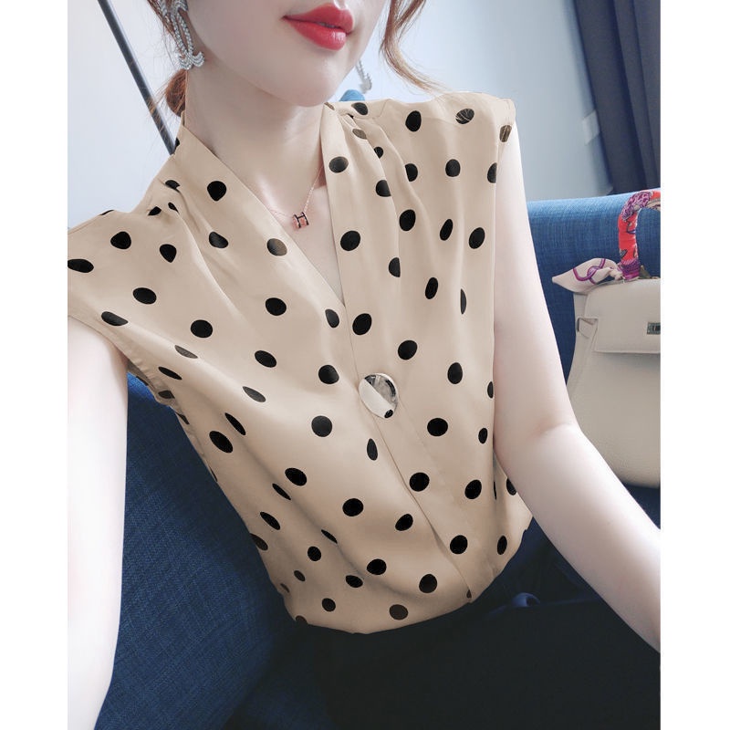 Thời Trang Áo Chiffon Sát Nách Dáng Rộng Họa Tiết Chấm Bi Cho Nữ