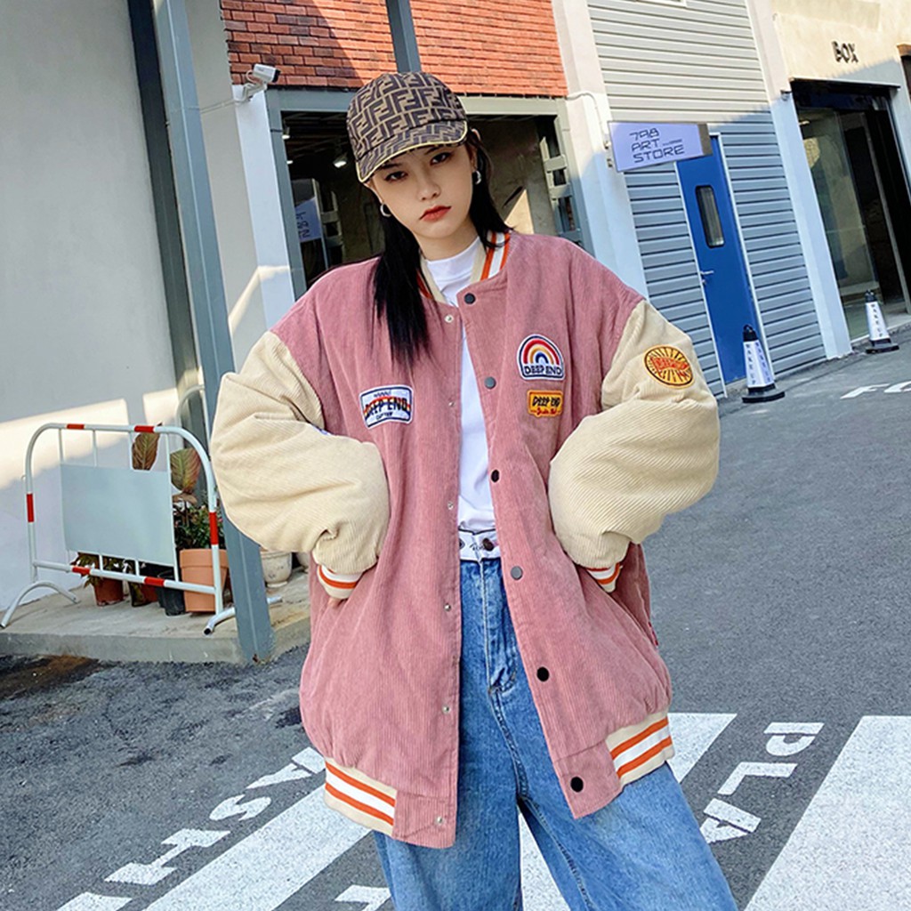 Áo khoác nữ bomber nhung tăm varsity jacket unisex nam nữ form rộng GAZU -057 | BigBuy360 - bigbuy360.vn