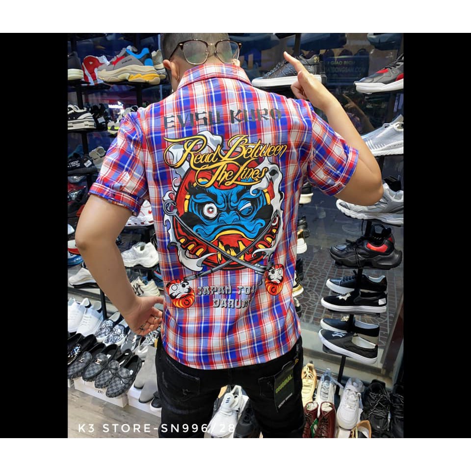 Áo sơ mi sọc caro in evisu tay ngắn K3 STORE chất kaki cotton vải mềm Sn996