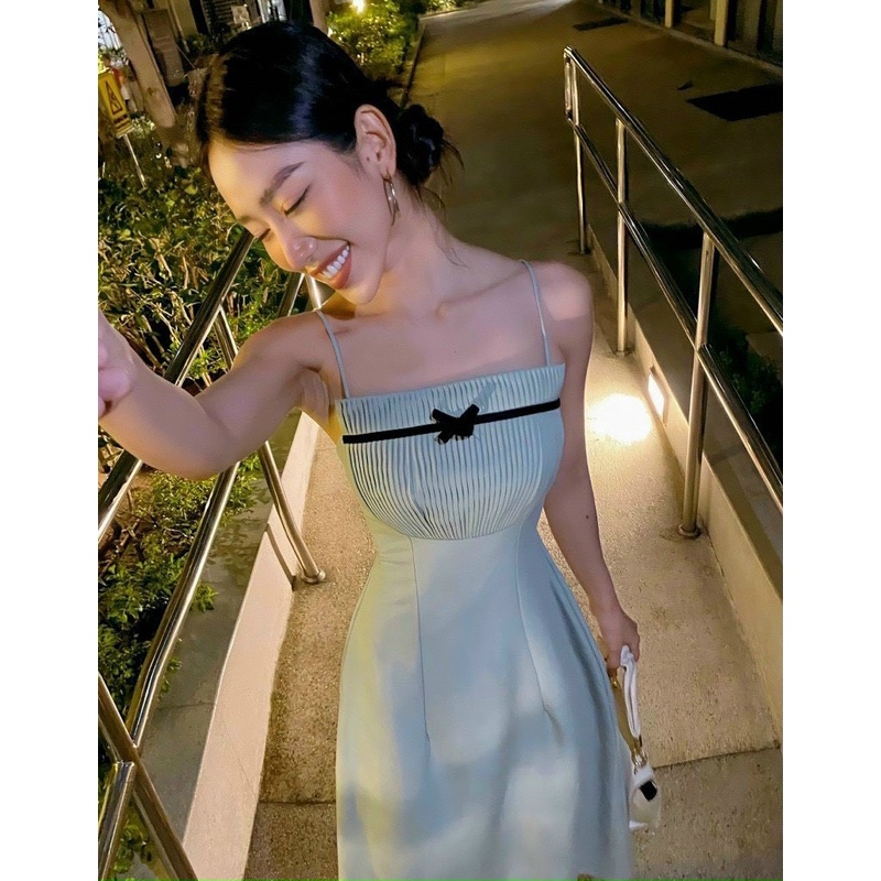 D80[Hình Thật] Đầm Hai Dây Xòe Xếp Ly Nơ Ngực, Đầm Kiểu Nữ Dự Tiệc Sang Chảnh, Freesize, Đầm Nữ Xếp Ly Hot Trend 2022