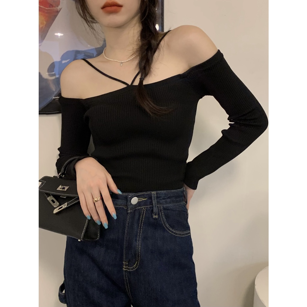 Áo Dệt Kim Nữ Tay Dài Trễ Vai Gợi Cảm Thời Trang