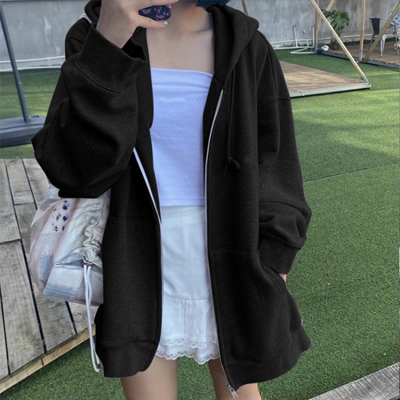 Áo Hoodie Dáng Rộng Phối Khóa Kéo Phong Cách Thể Thao Cho Nữ Có Size Lớn