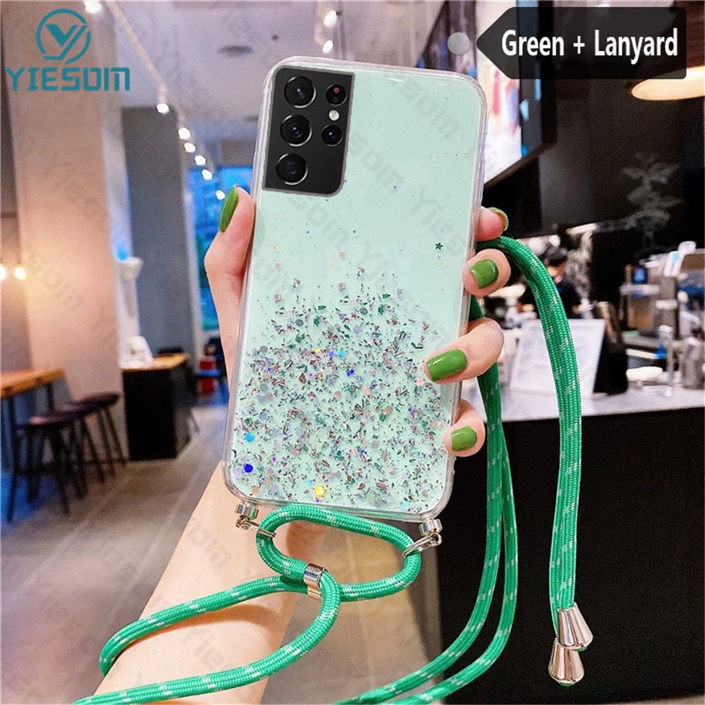 Ốp Điện Thoại Silicon Mềm Trong Suốt Đính Kim Tuyến Có Dây Đeo Sang Trọng Cho Samsung S22 S21 S20 Ultra Plus S21FE S20FE