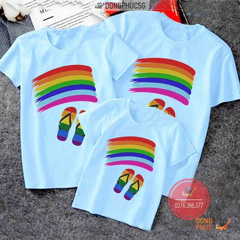 Áo gia đình cầu vòng Đồng phục gia đình 3/4/5 người giá rẻ Thun cotton Màu thiên thanh GD321TT