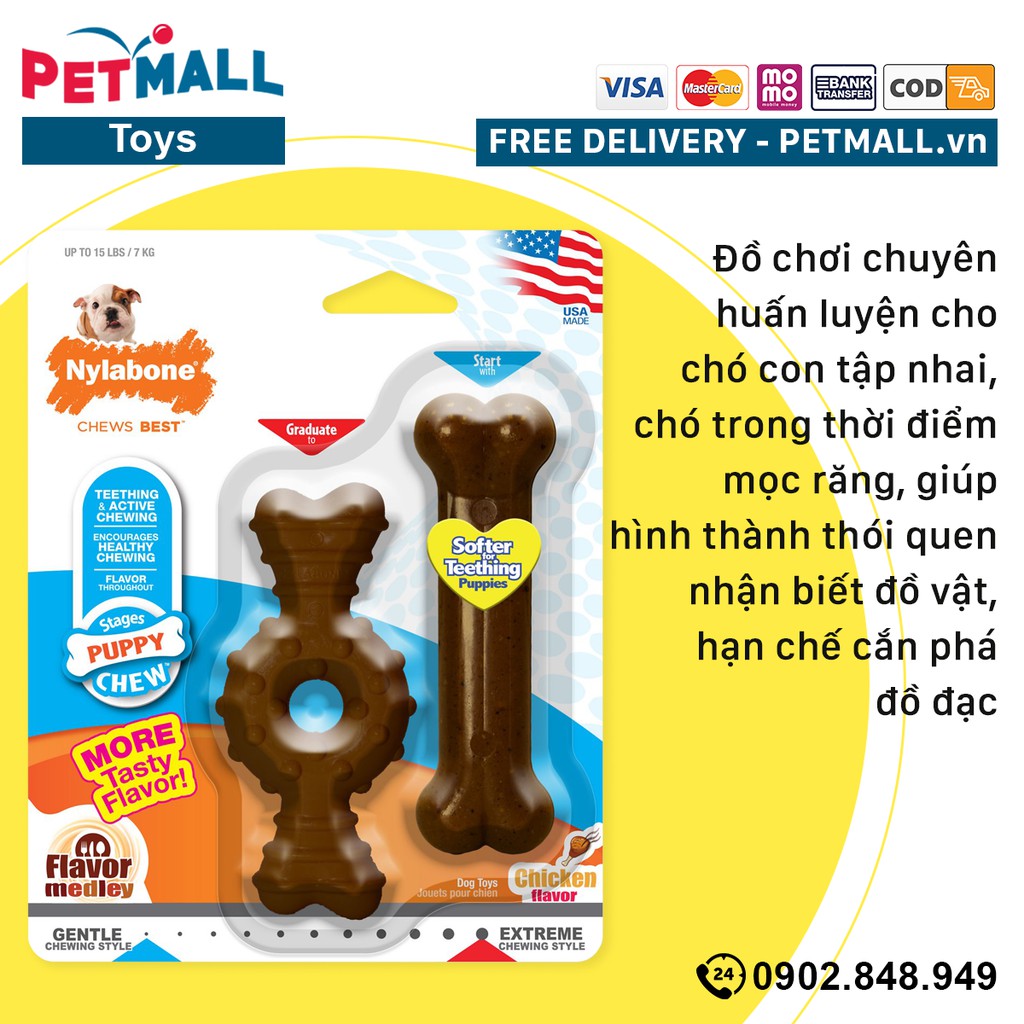 Đồ chơi xương gặm Nylabone Puppy Chew - 2 cây vị Medley Petmall