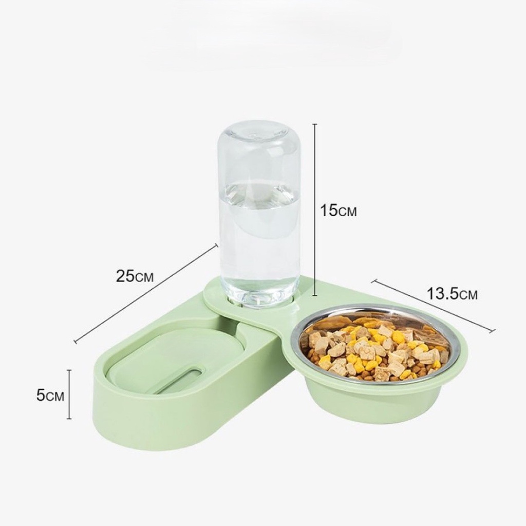 Bộ bát ăn inox kèm bình nước có thể gấp xoay tự động, bát ăn 2 ngăn cho thú cưng