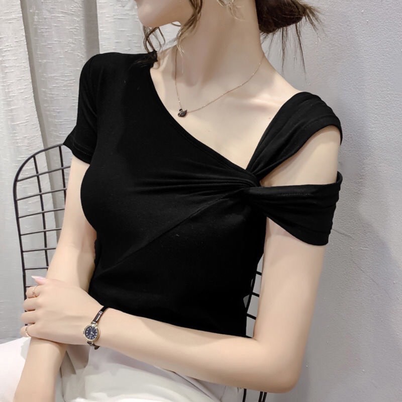 áo thun nữ xoắn vai nhiều màu điệu đà, chất zip cotton xinh xắn
