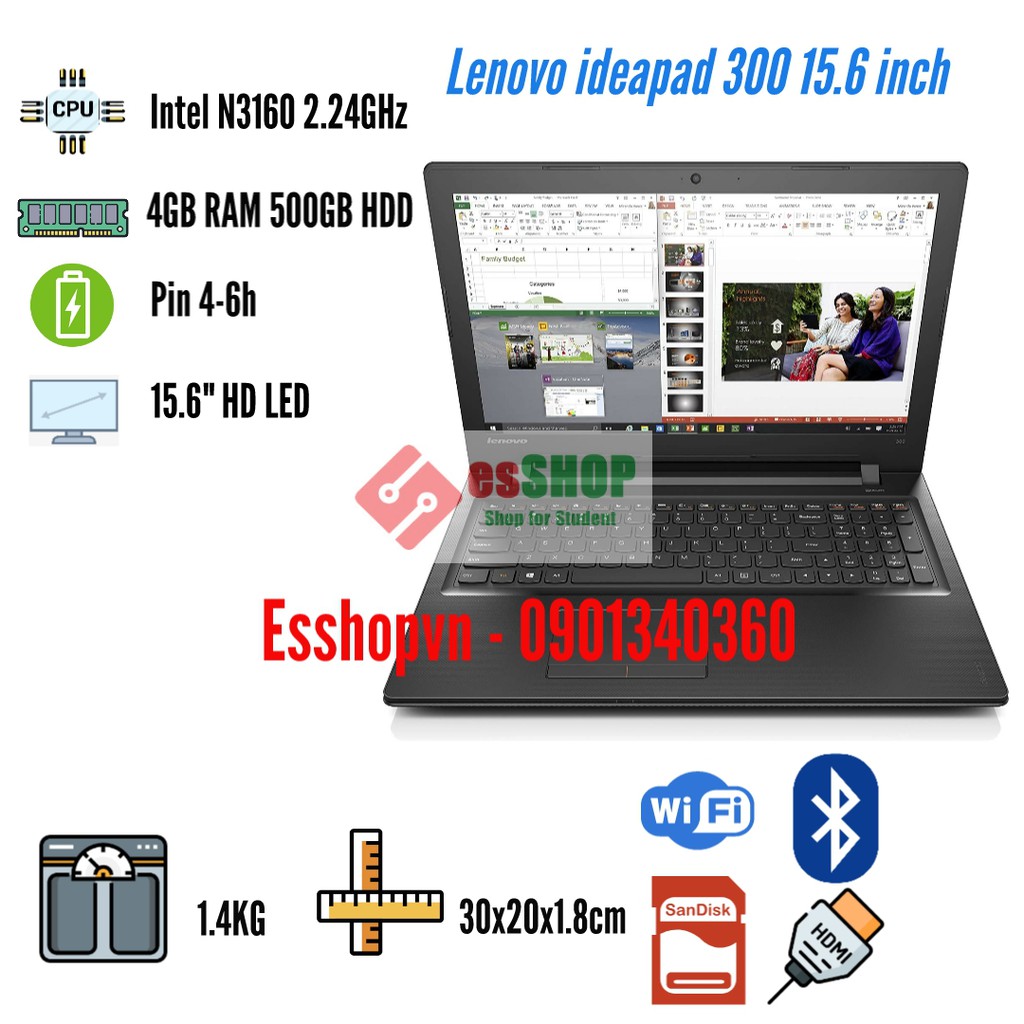 Laptop sinh viên giá rẻ 15.6 inch Lenovo ideapad 300/310s Intel N3160 mạnh mẽ 4GB RAM 500GB - Likene