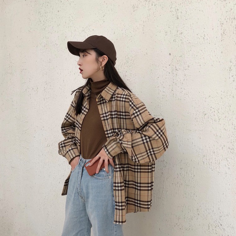 Áo Sơ Mi nữ Khoác Ngoài Tay Dài Dáng Rộng Kẻ Ca-Rô Trẻ Trung Phong Cách Retro Hàn Quốc | BigBuy360 - bigbuy360.vn