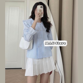 Áo sơ mi nữ đũi xốp viền bèo cúc ngọc - Áo sơ mi thiết kế
