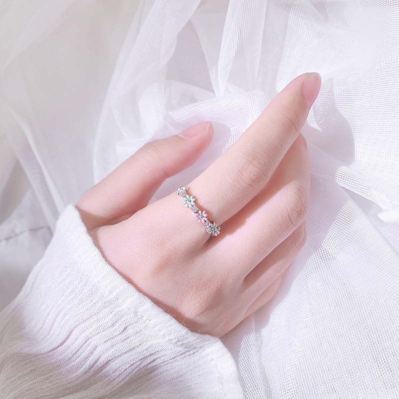 Nhẫn thép titan năm màu đính đá zircon hình hoa cúc nhỏ thời trang phong cách Hàn Quốc dành cho nữ