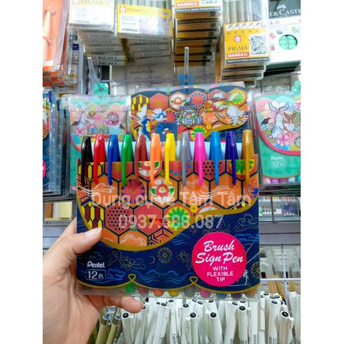 [ TÂM TÂM ]-Bộ Bút viết thư pháp Pentel Fude Touch Brush Sign Pen 12 màu cơ bản-
