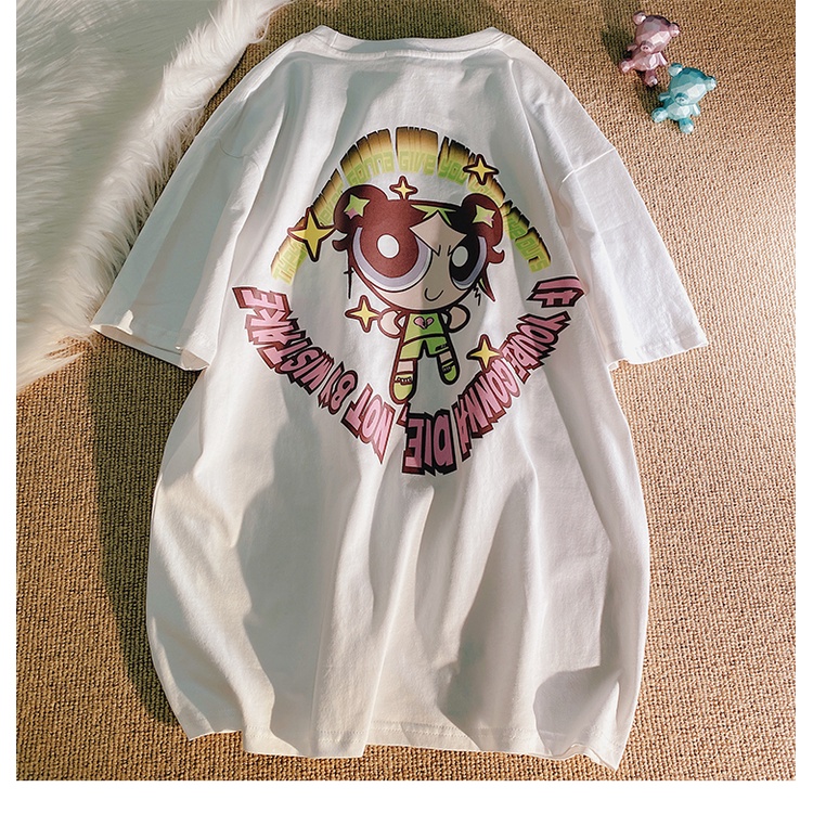 Áo thun Fashmily 100% cotton tay ngắn dáng suông in họa tiết hoạt hình phong cách harajuku Nhật Bản thời trang cho nữ