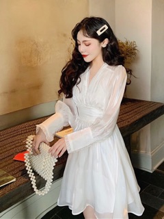 Đầm Lụa Phi Bóng Phối Tay Voan Hở Lưng‼️‼️