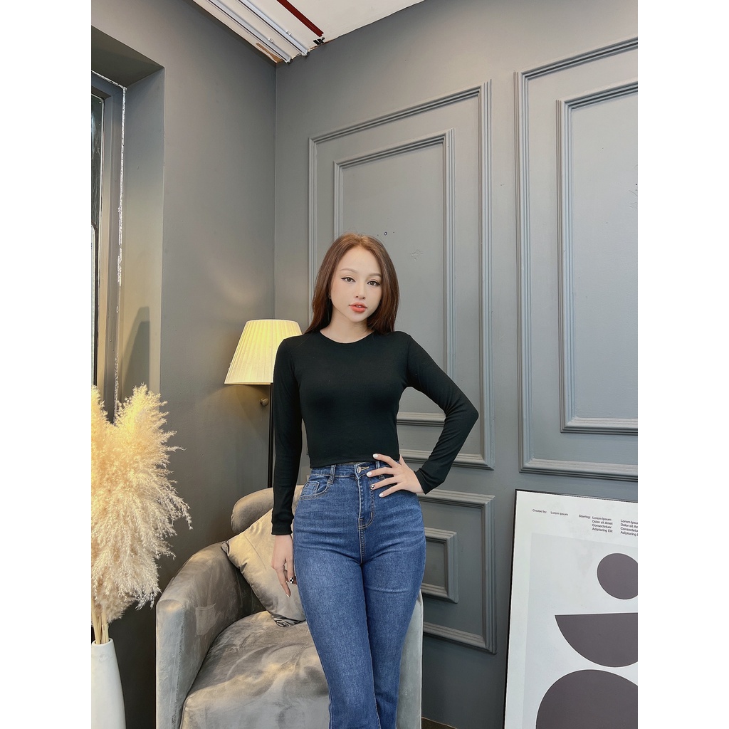 Áo thun croptop tay dài nữ CRAZYTEEN cổ tròn năng động AT0315