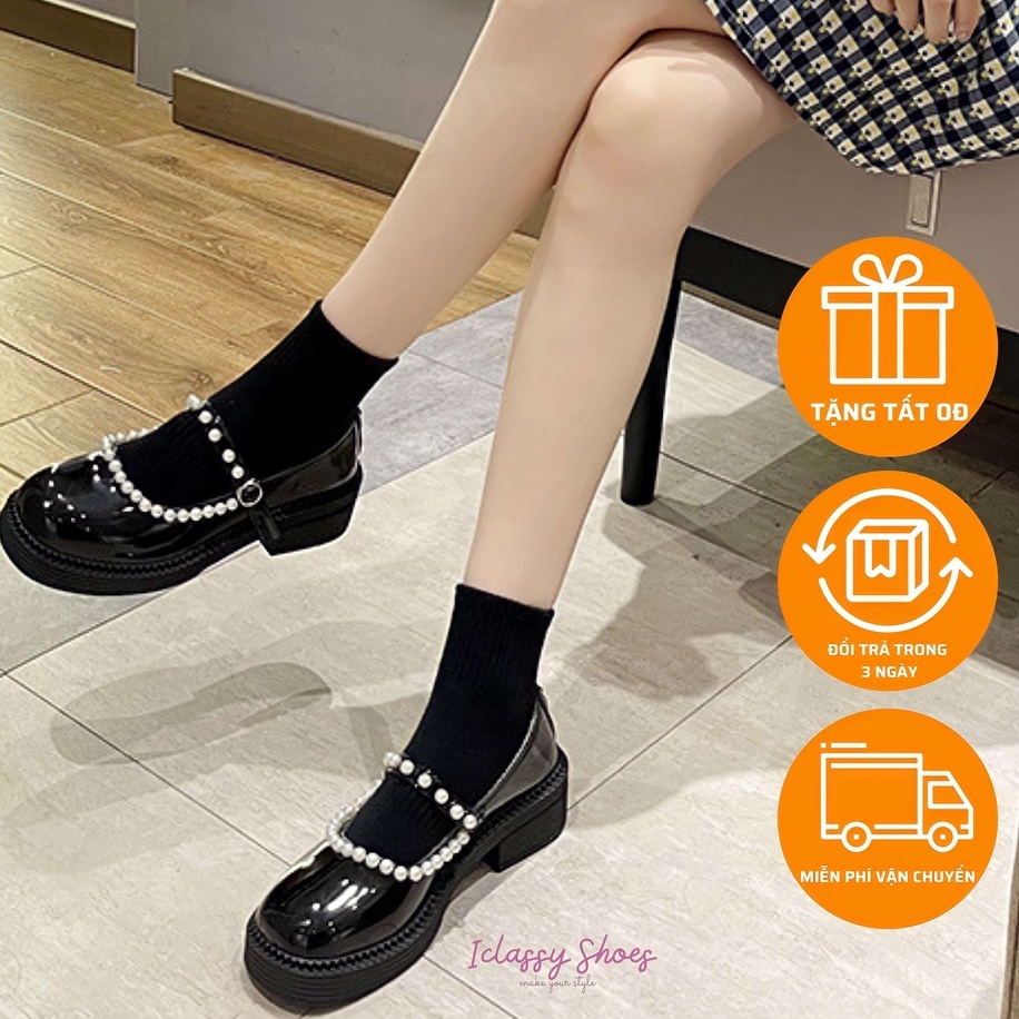 Giày Lolita Ulzzang Vintage, Giày Mary Jane Mũi Vuông Đính Ngọc Phần Viền Và Quai Đế Cao 5cm Hàn Quốc-Iclassy_shoes