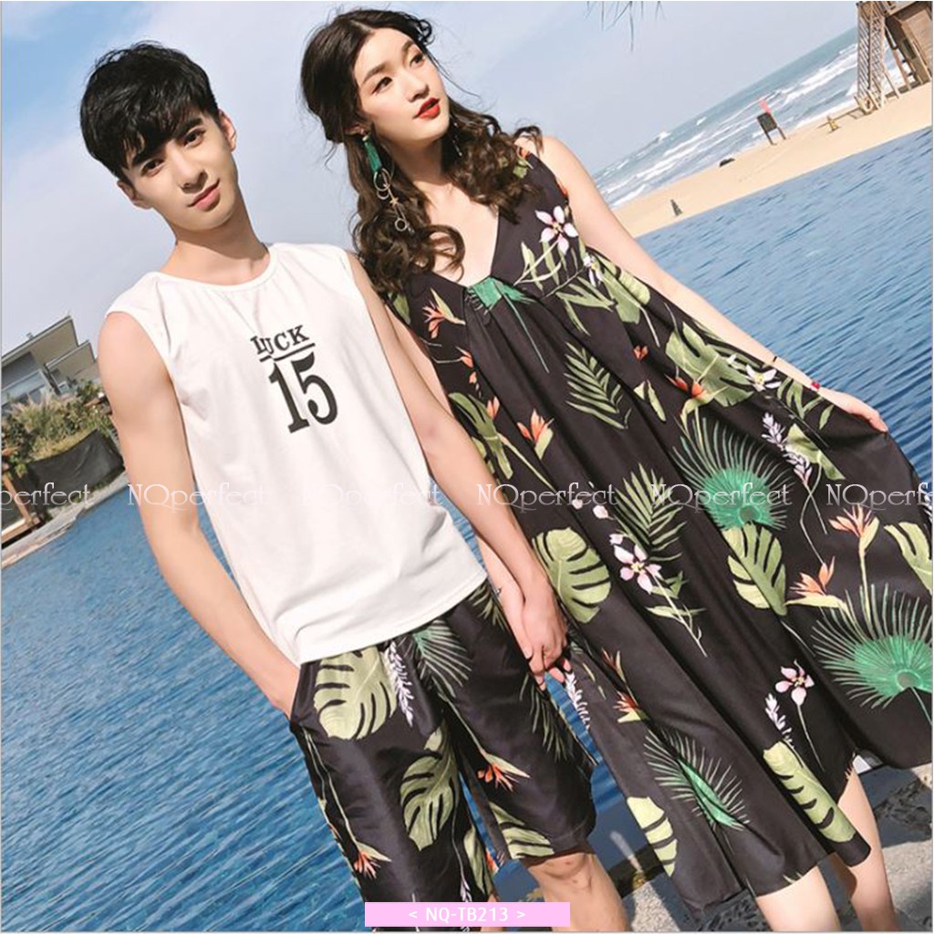 Set nữ(đầm) + nam(áo, quần short) cặp đôi cho kỳ nghỉ hè du lịch bãi biển phong cách Bohemia