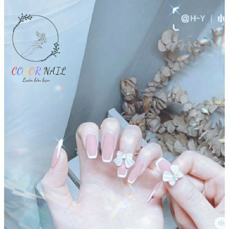 Nail box - Móng up thiết kế : Hồng nơ trắng