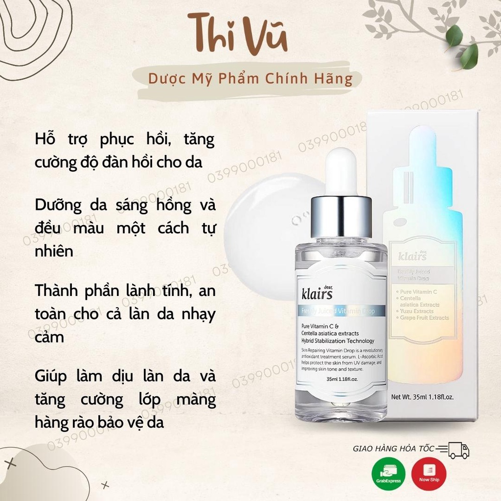 Tinh chất làm sáng da Klairs Pure Vitamin C, Serum Klair mờ thâm tái tạo da