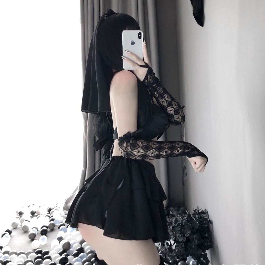 Đồ ngủ sexy đồ ngủ nữ cosplay cô dâu 1 sexy ren lưới hoa văn màu đen màu trắng freesize QUENQUEN store a2 | BigBuy360 - bigbuy360.vn