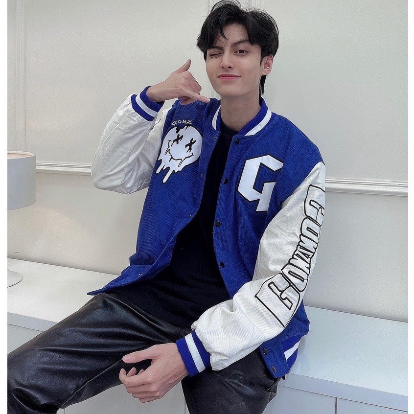 Áo bomber varsity jacket Unisex Form rộng nhung tăm 2 lớp Hình thêu 100%. Áo khoác nam nữ Gonz Bóng chày