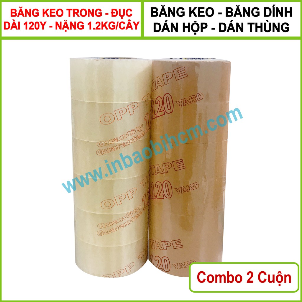 2 cuộn Băng keo dán hộp 120Y, lõi mõng 4mm, Loại 1.2kg/Cây (6 cuộn), Bản 4F8, Cực dính, băng keo giá rẽ, InbaobiHCM