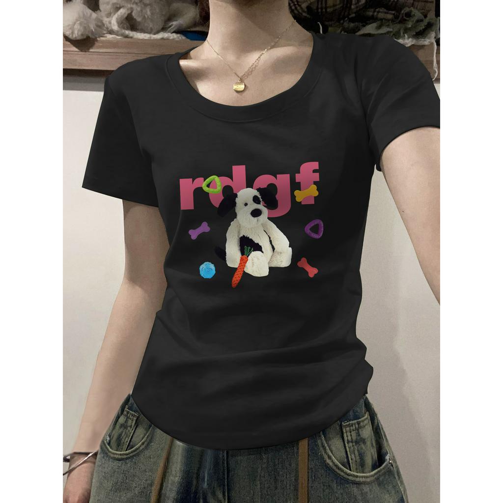 Ethelgirl Áo Thun Tay Ngắn Dáng Ôm In Họa Tiết Hoạt Hình Phong Cách Hàn Quốc Thời Trang Cho Nữ