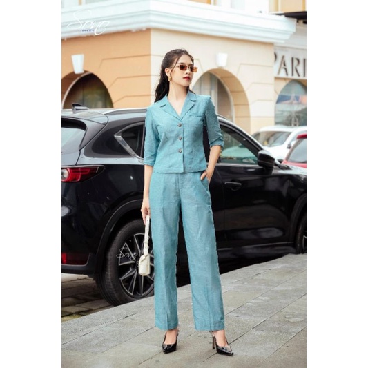 Set bộ dài tay, cổ vest quần ống suông màu xanh chất liệu Linen_S6077
