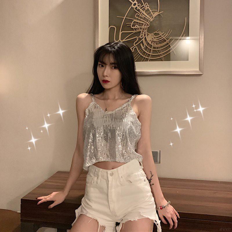 Áo thun không tay đính sequin lấp lánh thời trang dành cho nữ