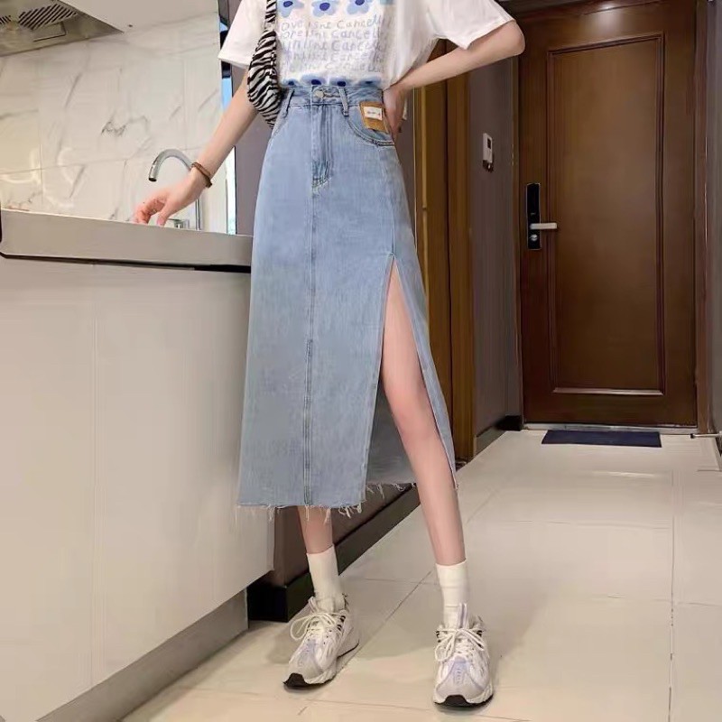 Order | Chân váy jeans chữ A xẻ bên dáng dài lưng cao (bigsize)