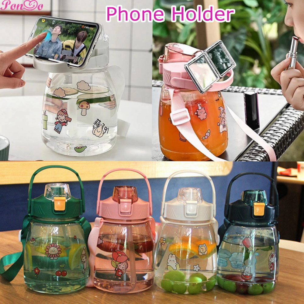 Bình Nước 1300ml Kèm Ống Hút Và Giá Đỡ Điện Thoại Họa Tiết Hoạt Hình Xinh Xắn