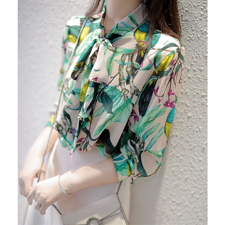Áo Sơ Mi Lụa Mulberry Tay Dài Cột Dây Ruy Băng In Họa Tiết Hoa Và Chim Siêu Đẹp Thời Trang Xuân Hè