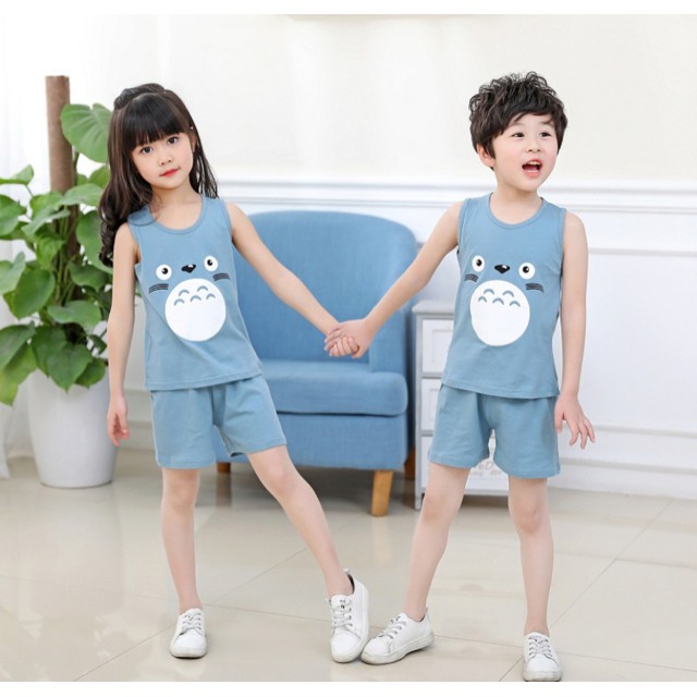 Bộ thun cotton không tay cho bé trai bé gái màu xanh họa tiết Totoro đáng yêu cho hè 2020