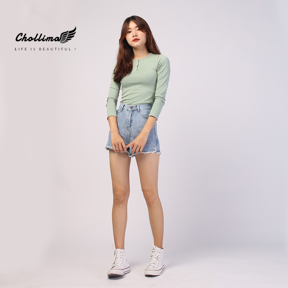 Quần short jeans nữ Chollima tua lai 2 nút QS013 – quần sọc jeans nữ ulzzang