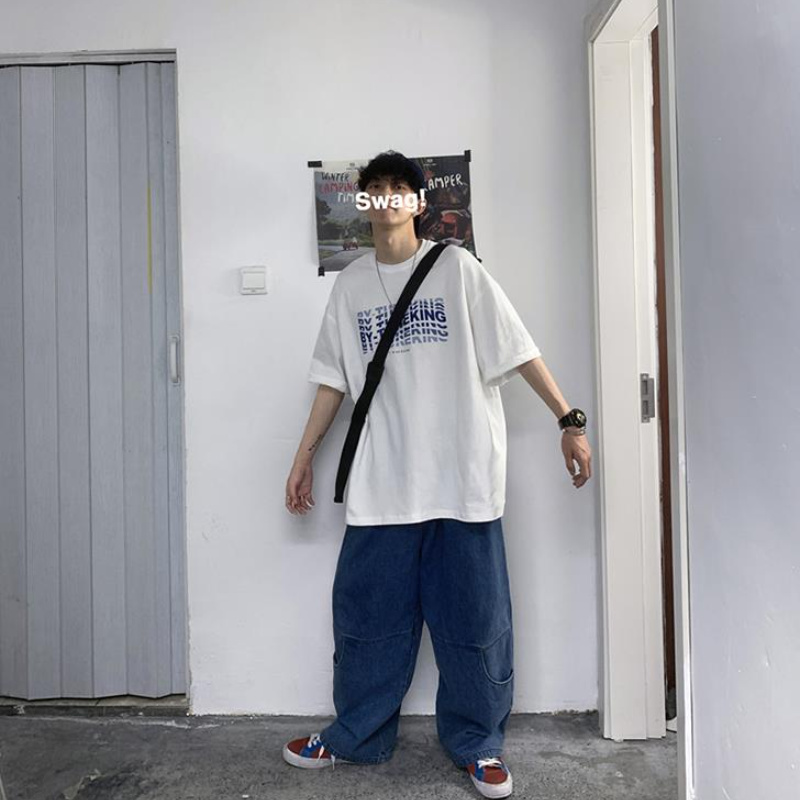 Áo Thun Tay Ngắn Cổ Tròn Dáng Rộng In Chữ Màu Gradient Phong Cách Hàn Quốc Cho Nam Giới Có Size M-3Xl