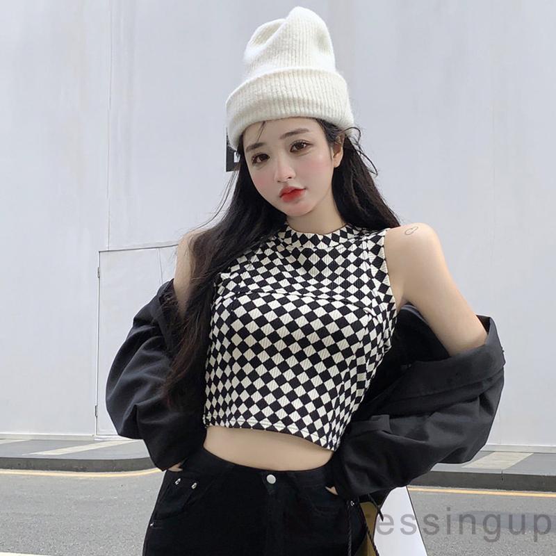 Dre-áo Tank Top Ôm Dáng Vừa Vặn Họa Tiết Hình Thoi / Ngựa Vằn Cho Nữ