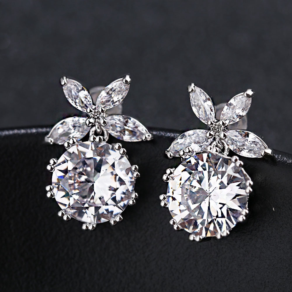 Khuyên tai kim bạc 925 dạng thả khảm đá zircon lấp lánh chống dị ứng