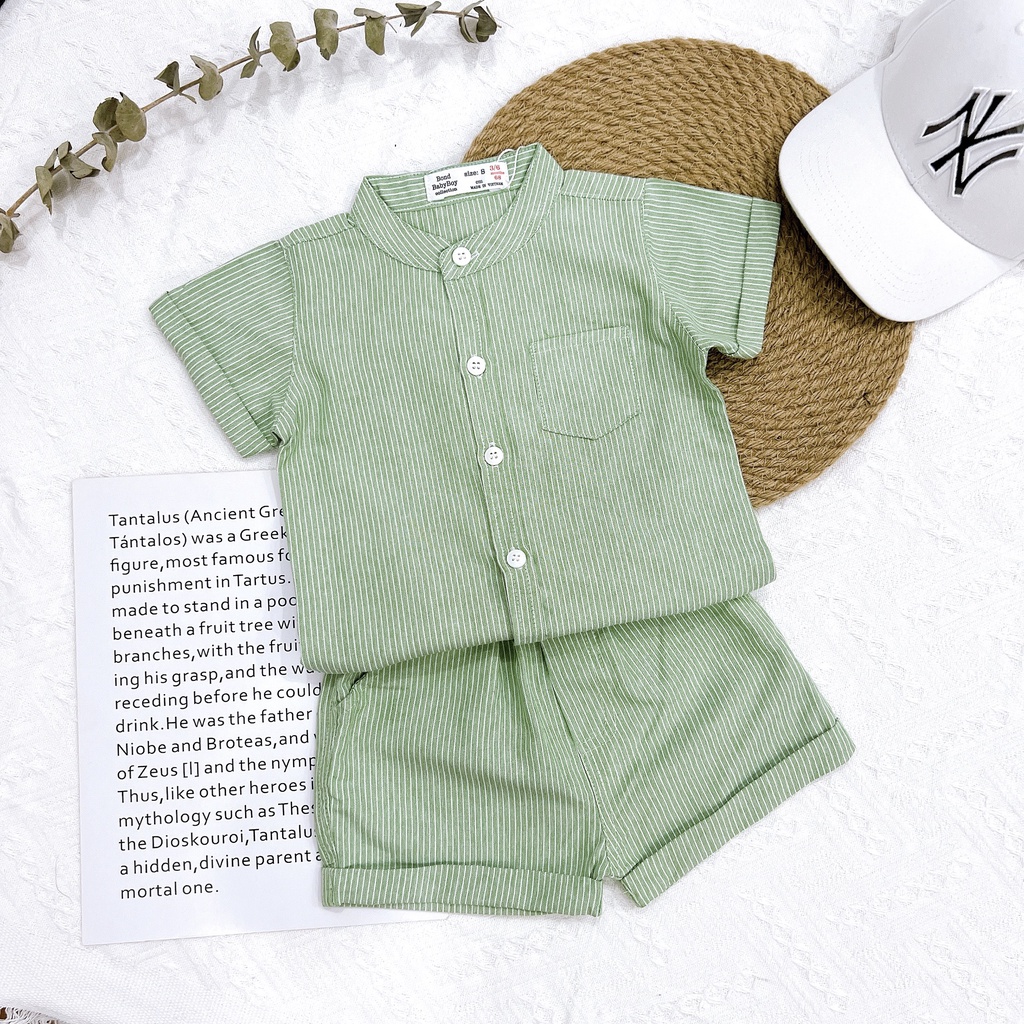 Bộ set công tử đầy tháng thôi nôi vải đũi sọc bé trai cổ trụ 6-14kg