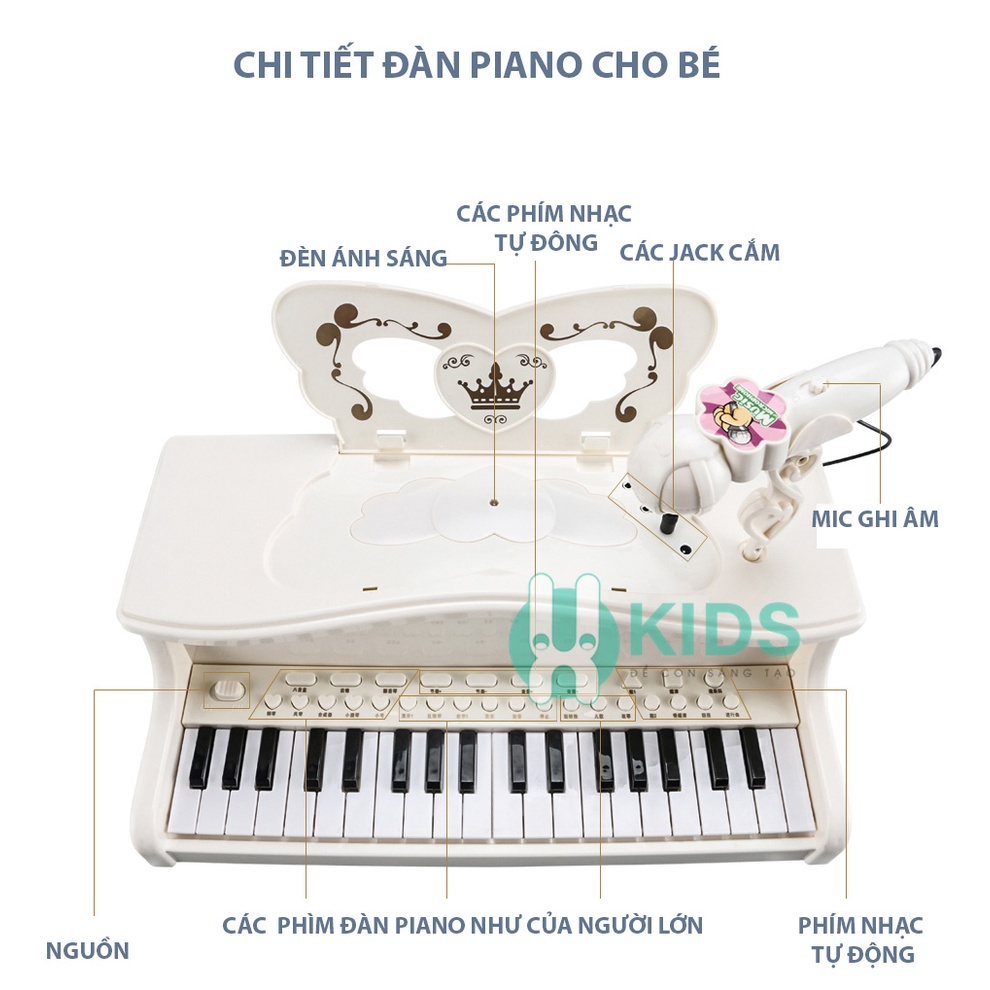 Đàn Piano Mini cho bé kèm mic thu âm, có kết nối điện thoại, bàn phím chữ Tiếng Anh cao cấp - Đồ chơi âm nhạc trẻ em