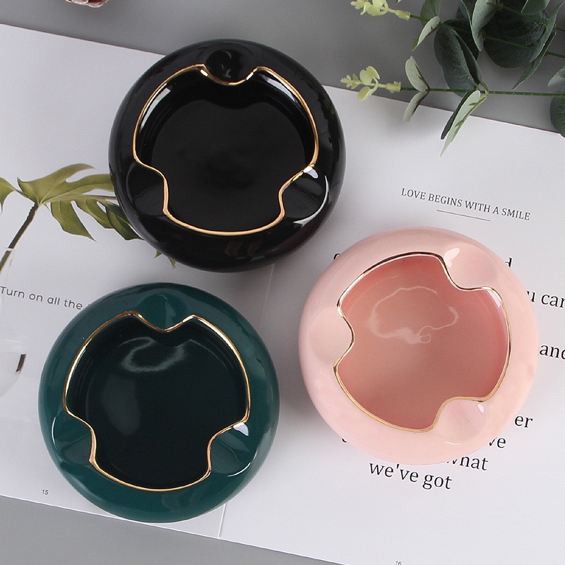 Gạt tàn thuốc hình tròn bằng gốm sứ cao cấp hình tròn mầu xanh ngọc trang trí Huydecor