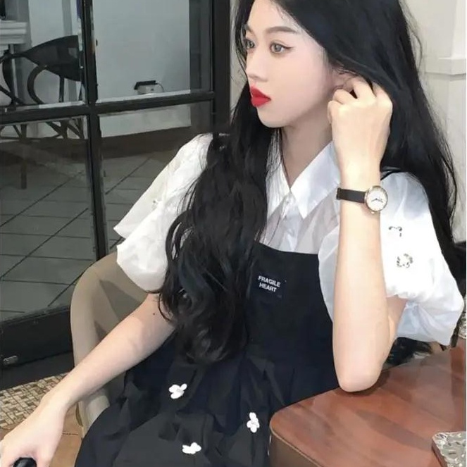 Đầm hai dây Perty thiết kế mặc ngoài màu đen phong cách Hàn Quốc đáng yêu đa năng cho nữ