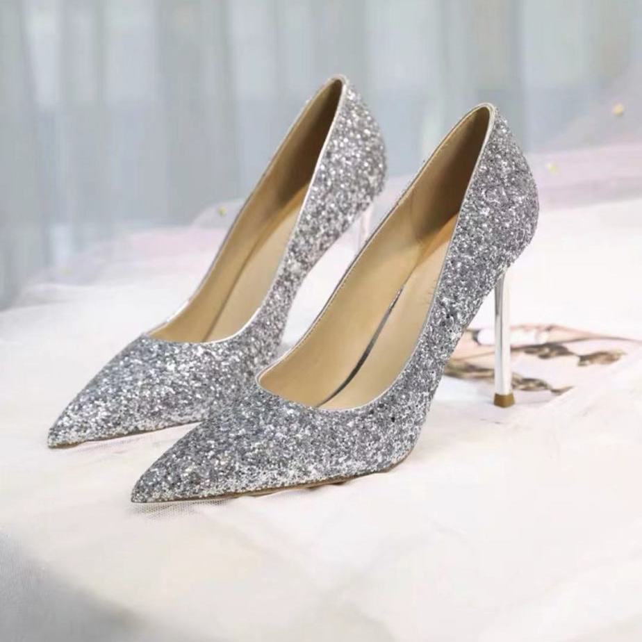 Giày cao gót sequin sáng chiếu phong cách mùa xuân hè Trung Quốc cho cô dâu