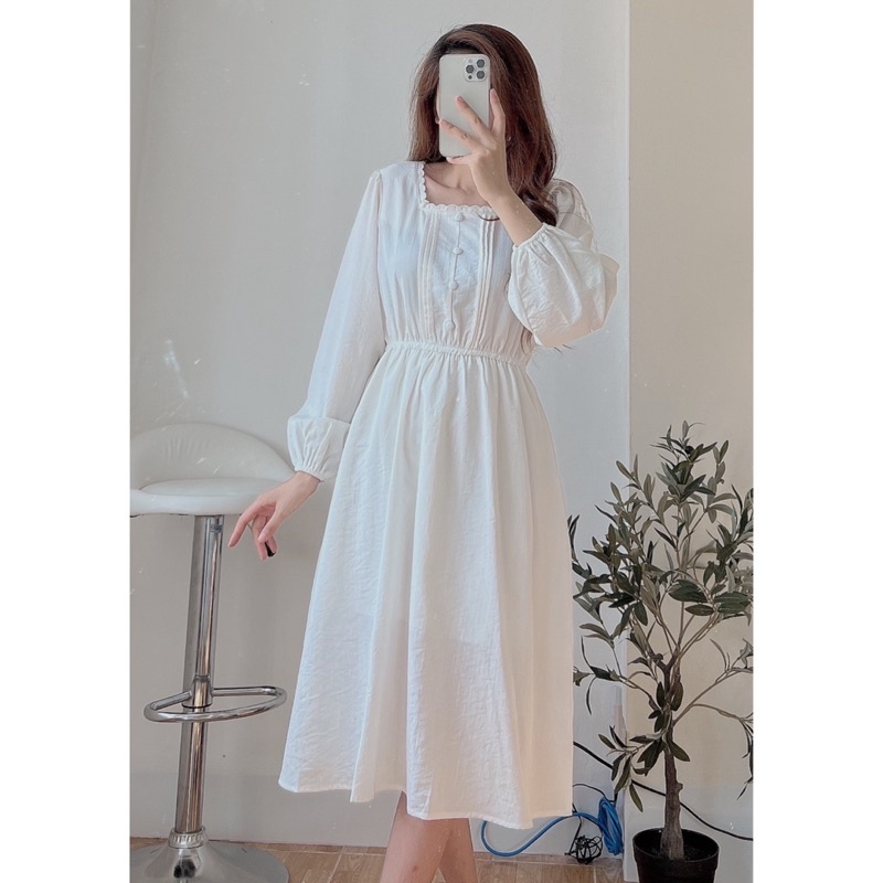 Đầm - váy trắng cổ ren dài tay 0112